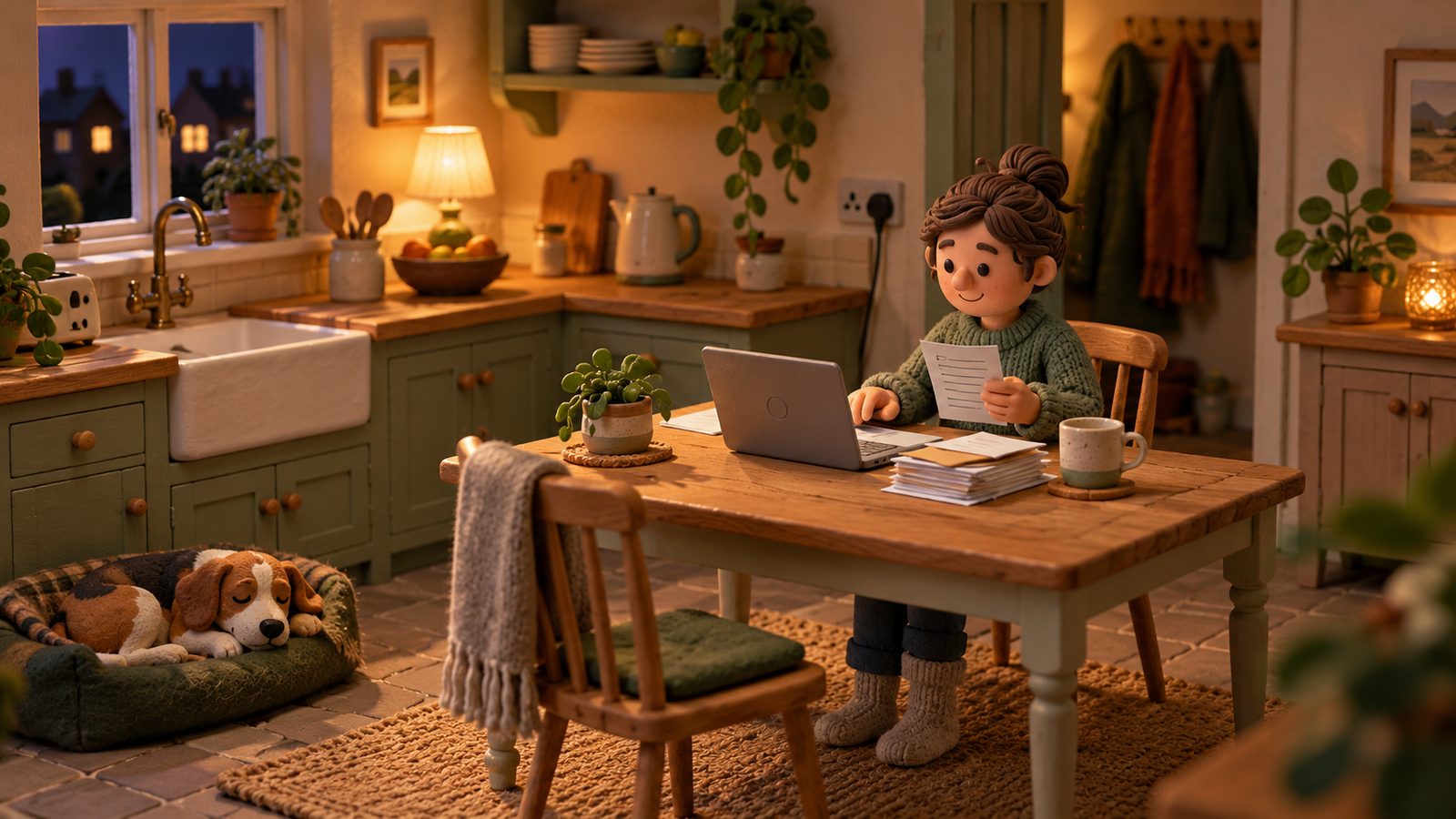 A clay figure at a kitchen table in evening light, calmly checking a short list against an open laptop