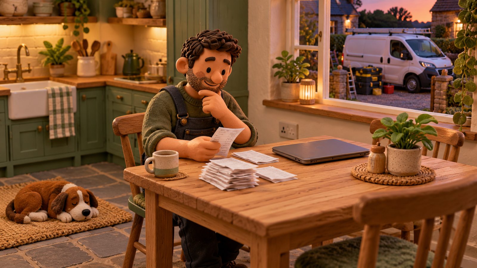A clay tradesman at a tidy kitchen table with a stack of receipts and a closed laptop, the work van parked outside the window in evening light