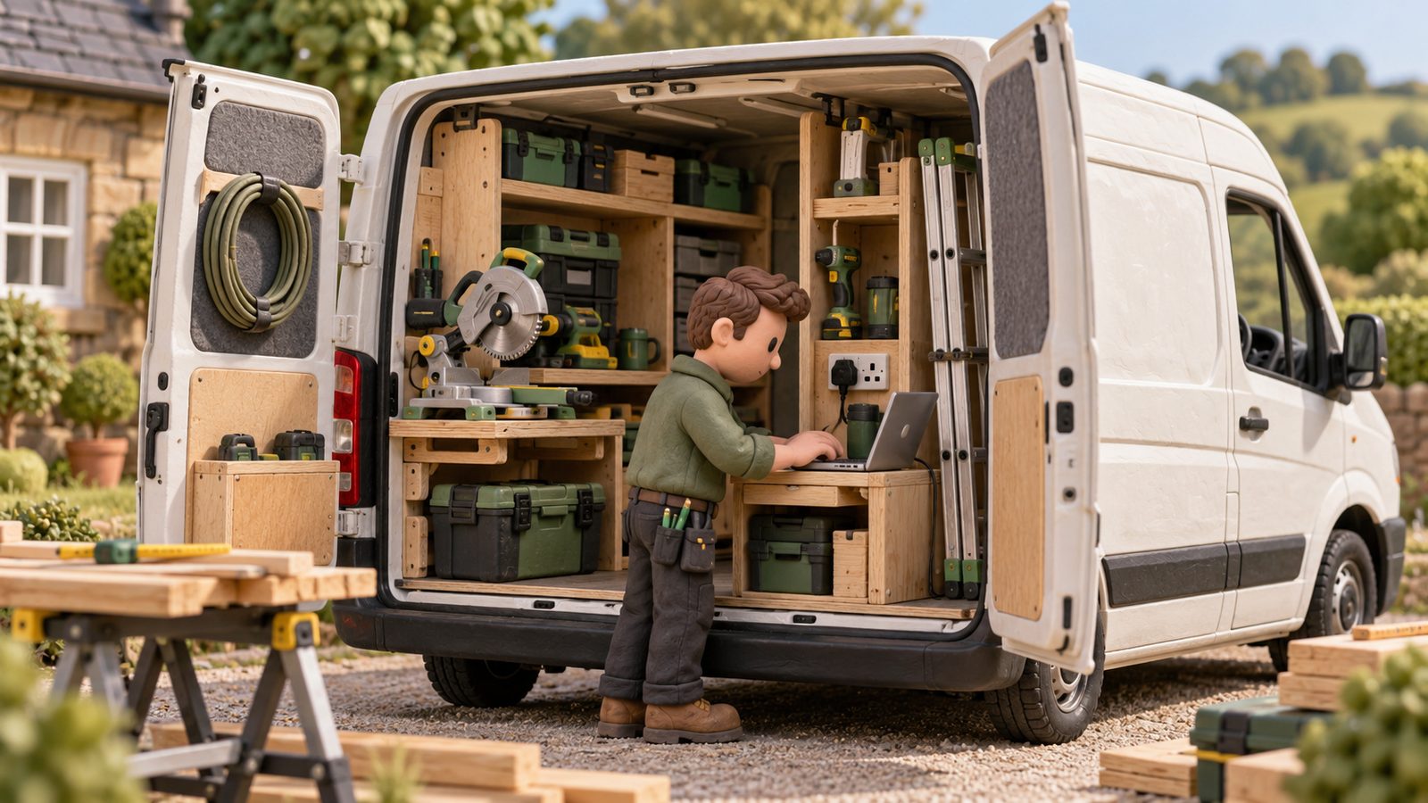 Right-hand-drive white van with its back doors open, racking inside holding a mitre saw, power tools, a ladder and a laptop on a small workbench