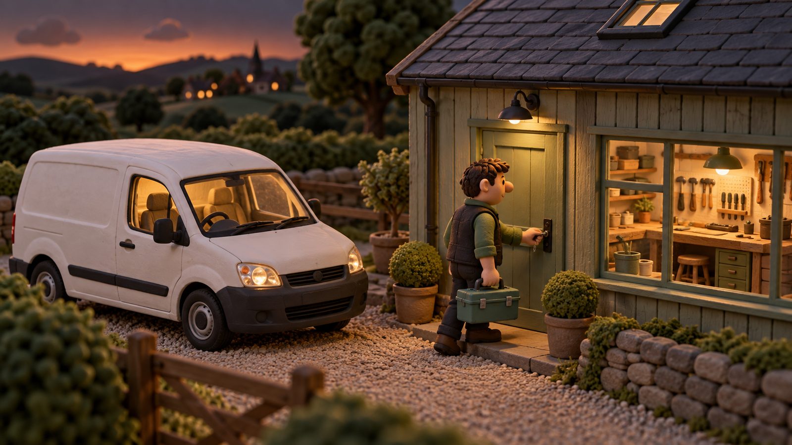 A clay tradesperson locking the door of a tidy workshop at dusk with a toolbox in hand, a van waiting beside it
