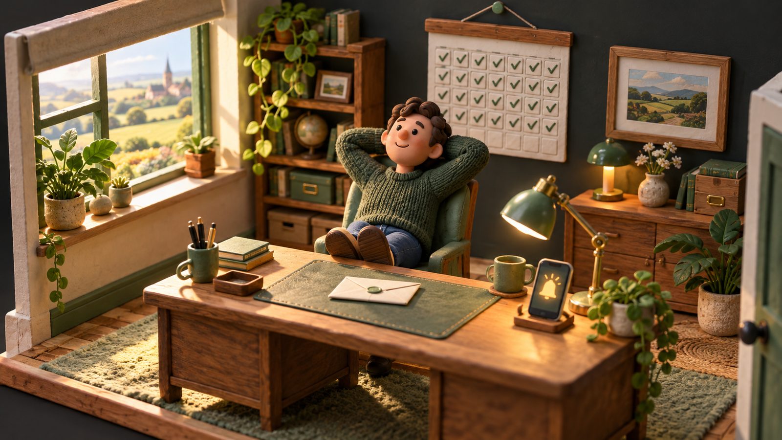 A small business owner leaning back in a chair, a sealed envelope on the desk and a calm wall calendar with every date ticked