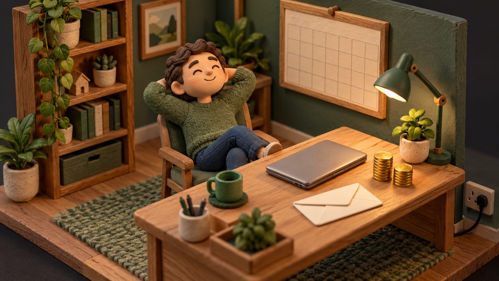A relaxed clay figure leaning back at a tidy desk with a closed laptop, a sealed envelope and two small piles of coins