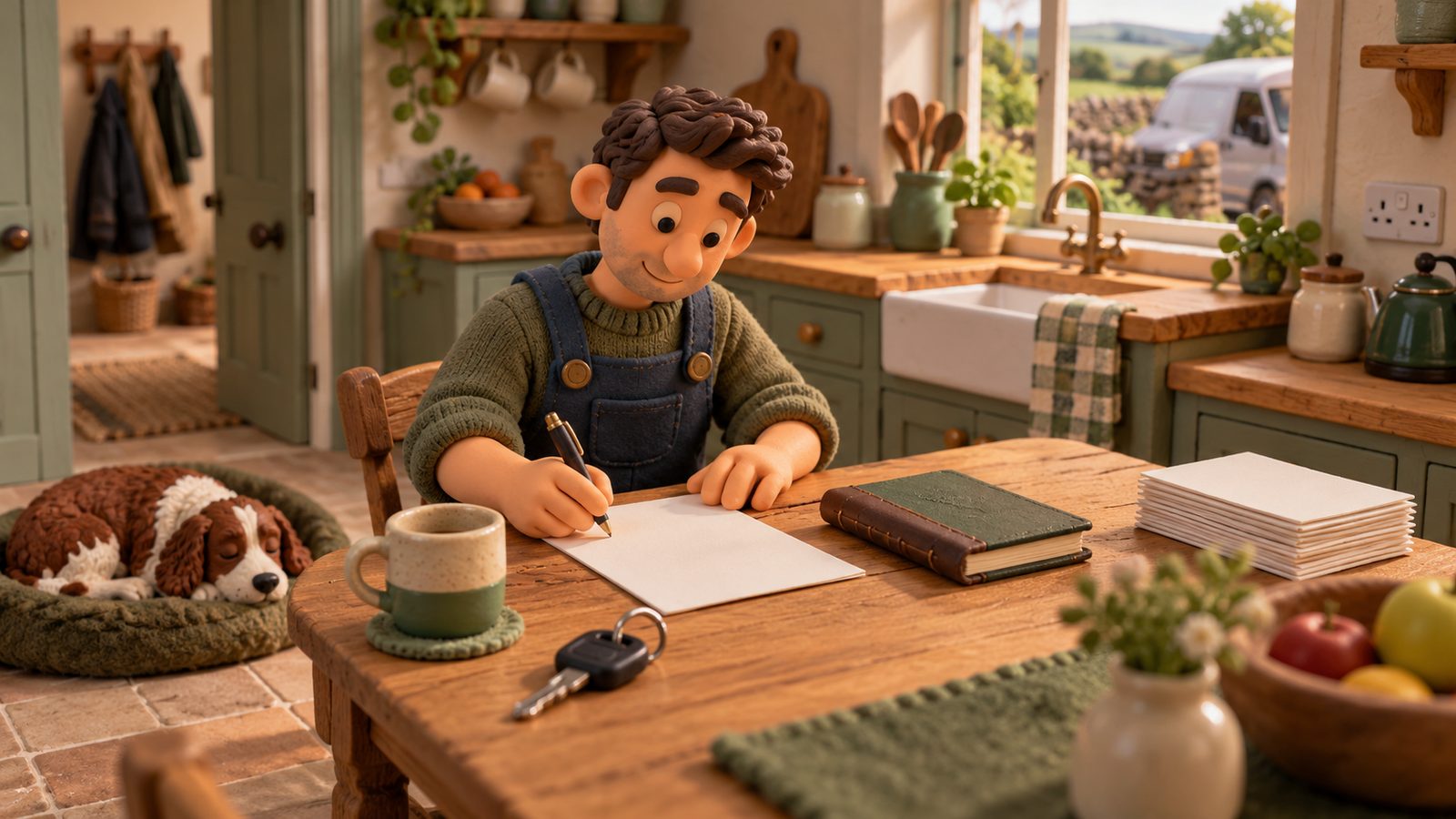 A clay figure in work overalls signing a single sheet at a kitchen table beside a small bound book and a stack of slips