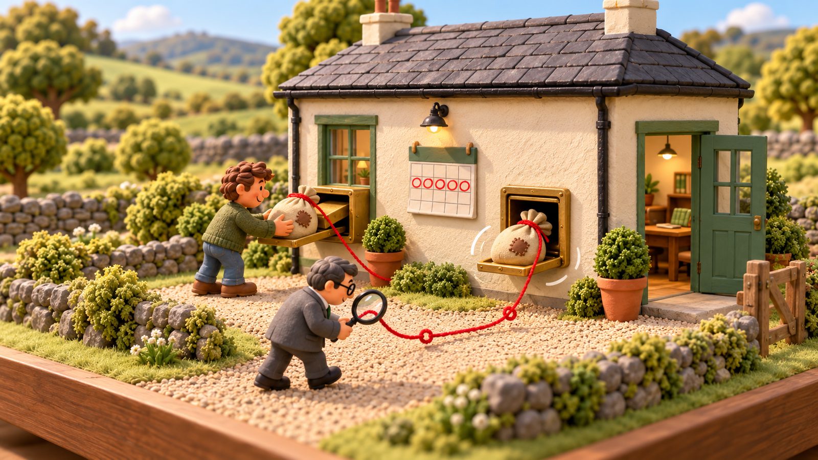 A clay tradesman posts a patched sack of coins into his company's deposit hatch while the same sack slides straight back out of the next hatch, a red string tying the two together as a tax inspector follows it with a magnifying glass