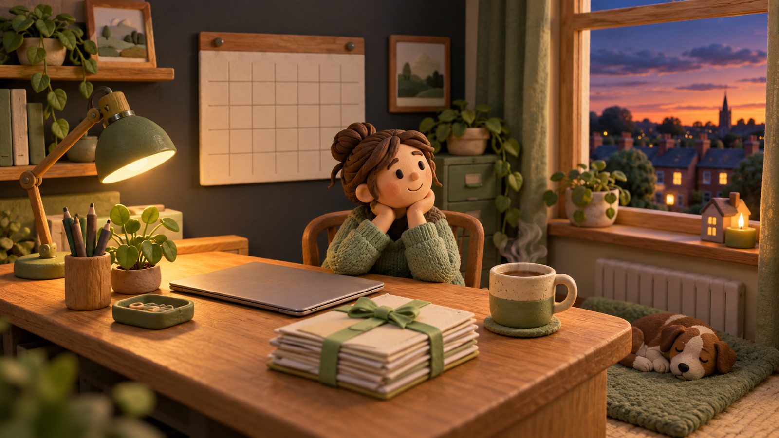 A tidy desk at dusk with a closed laptop, a stack of filed papers tied with a sage-green ribbon, a clear wall calendar and a mug of tea