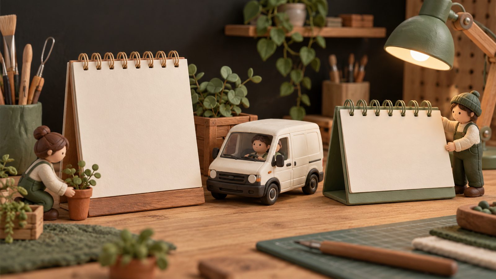 Two blank desk calendars on a workbench, one starting earlier than the other, with a small white van parked between them