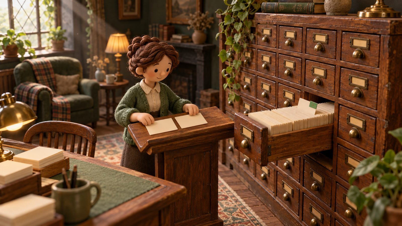 A clay clerk in a green cardigan compares two blank index cards at a lectern beside a well-worn wooden card-index cabinet, one card in an open drawer marked with a small green flag