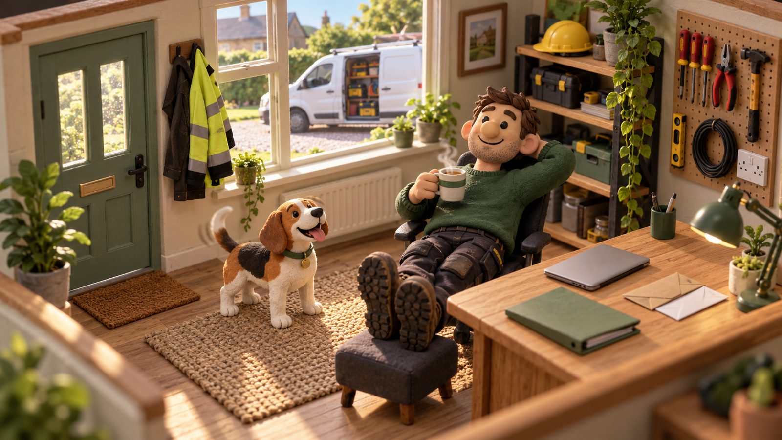 A relaxed electrician leaning back with a mug of tea in his tidy home office, the pile of post gone and his filing in a neat folder on the desk