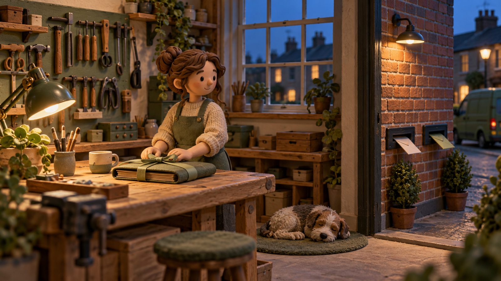 A clay workshop at dusk with tools hung up, a folder tied with a sage-green ribbon on the bench and two envelopes going into two letterbox slots