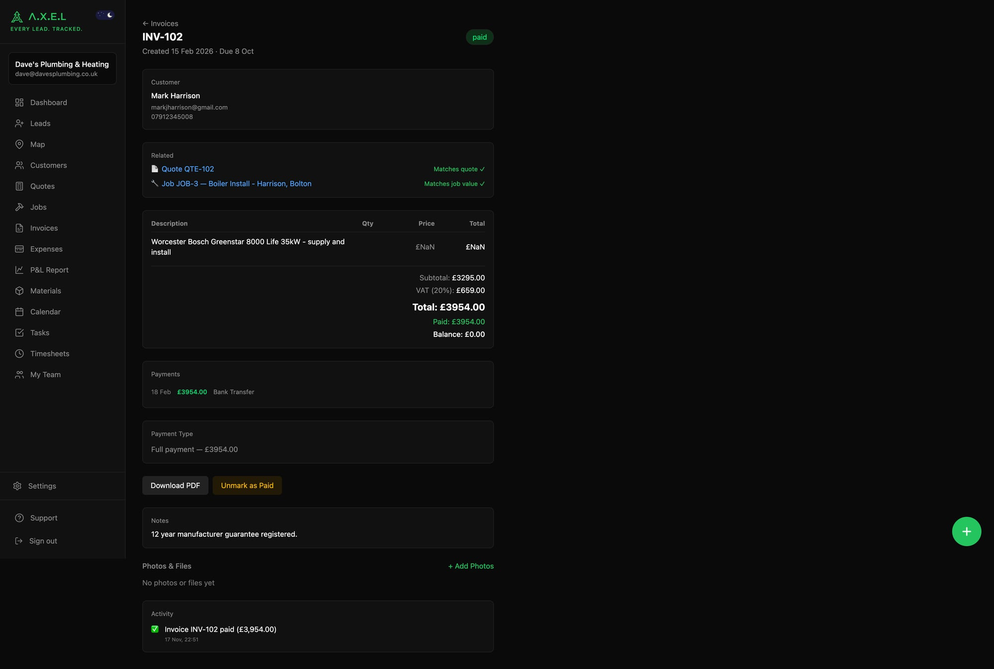 Invoice detail page showing customer info, line items, payment breakdown, related quote and job links, and activity log