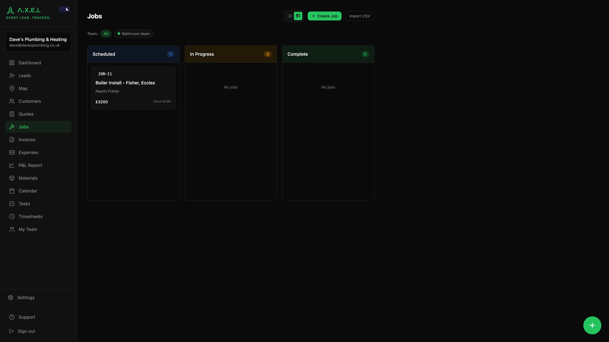 Jobs kanban board view with drag-and-drop columns for Scheduled, In Progress, and Complete