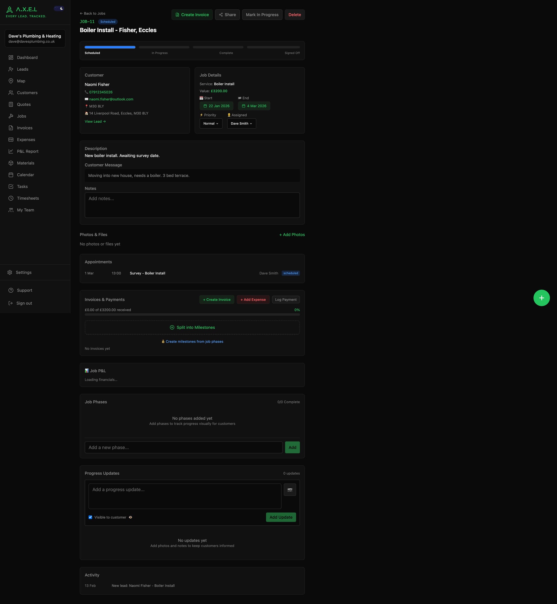 Job detail page showing customer info, scheduling, appointments, invoices, phases, and progress updates