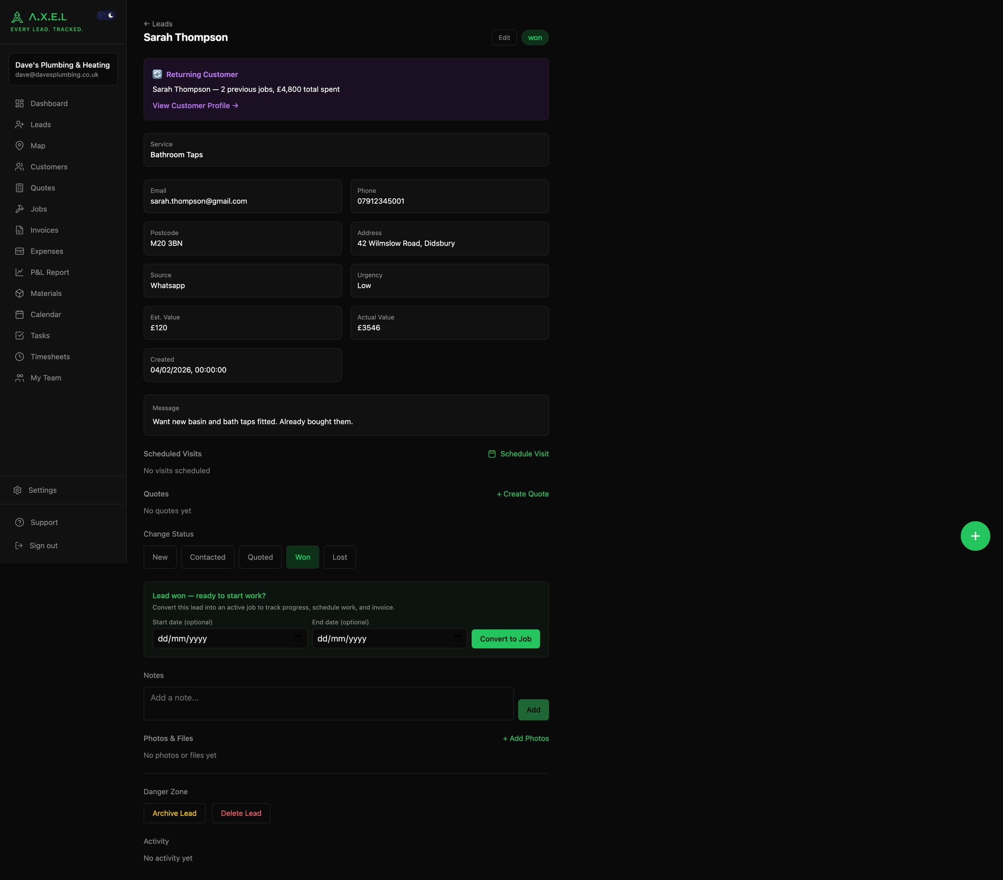 Lead detail page showing customer info, status, notes, and actions