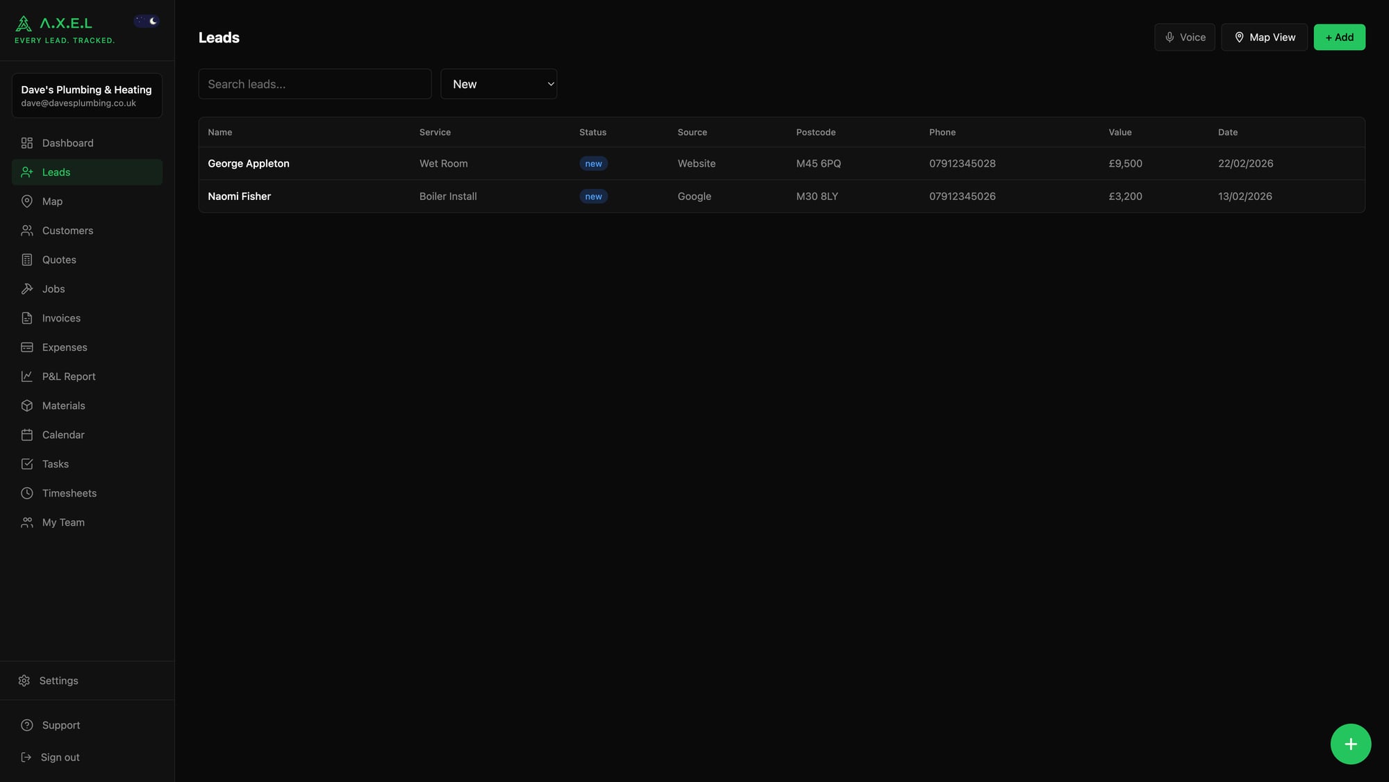 Leads filtered by New status