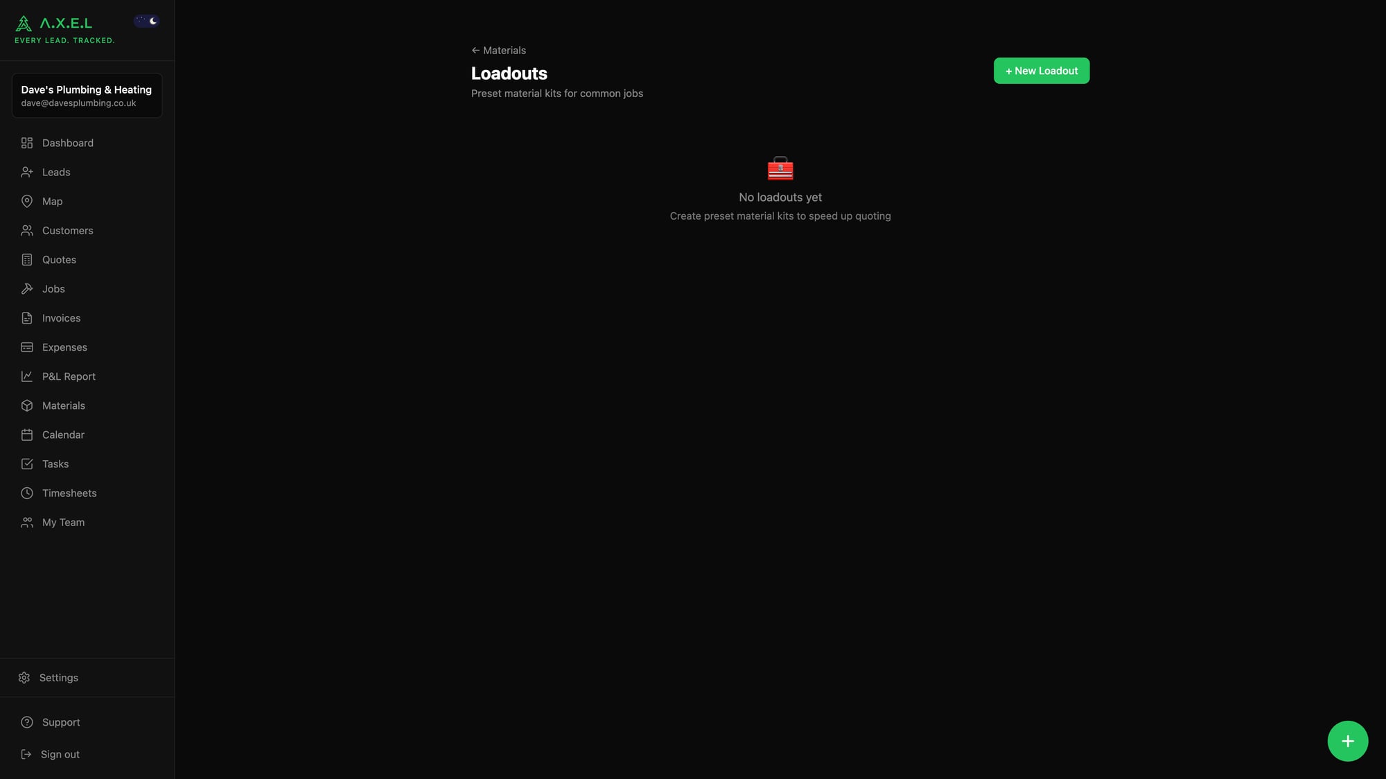Loadouts page for creating preset material kits