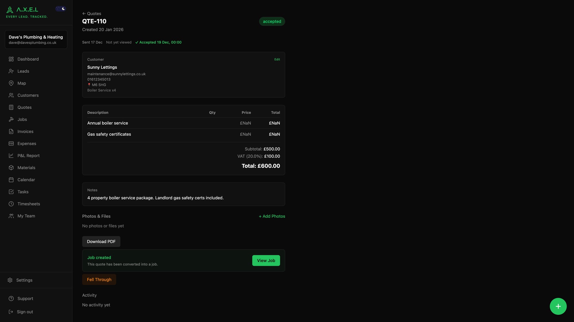 Quote detail view showing customer info, line items, totals, and accepted status with job link