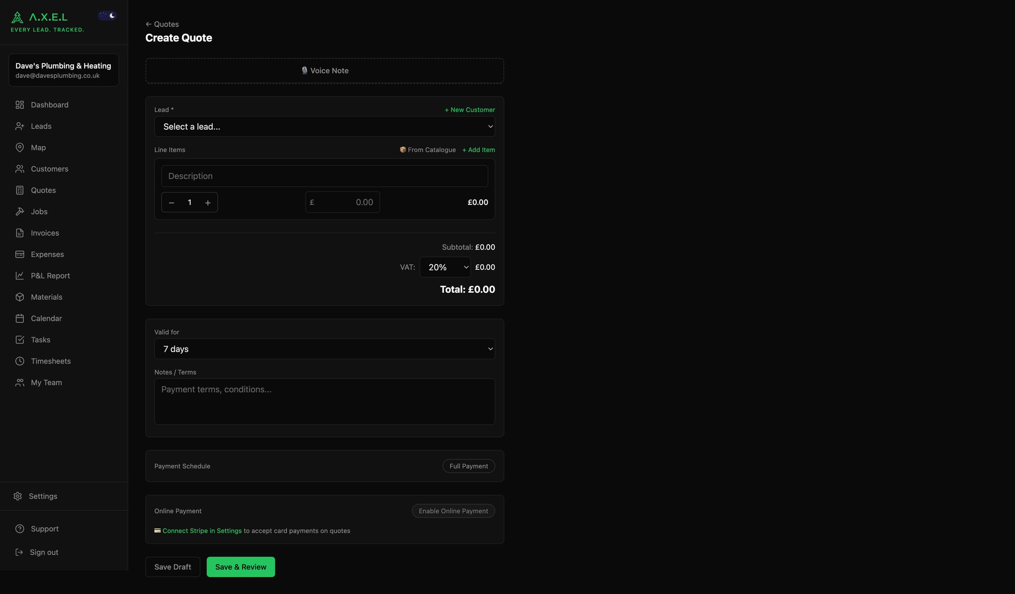 Create Quote form showing lead selection, line items, VAT, validity period, and payment options