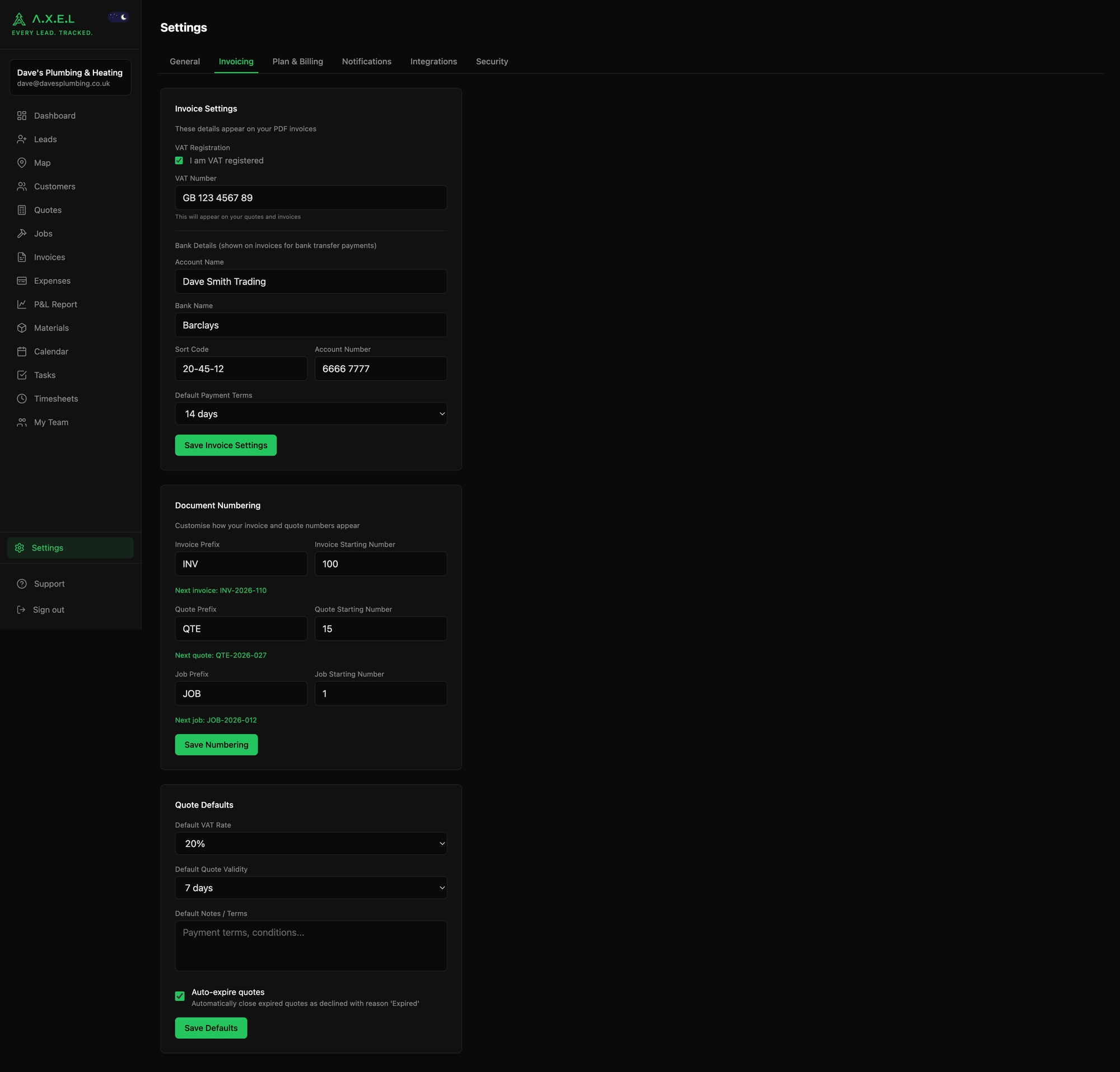 Settings - Invoicing tab with VAT, bank details, and document numbering